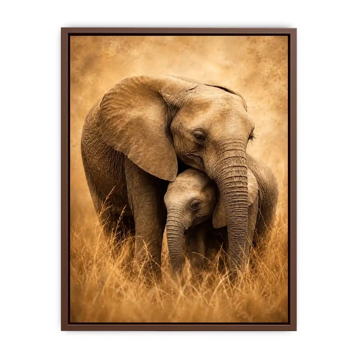 Warm elephant family canvas art in earthy tones for living room decor.