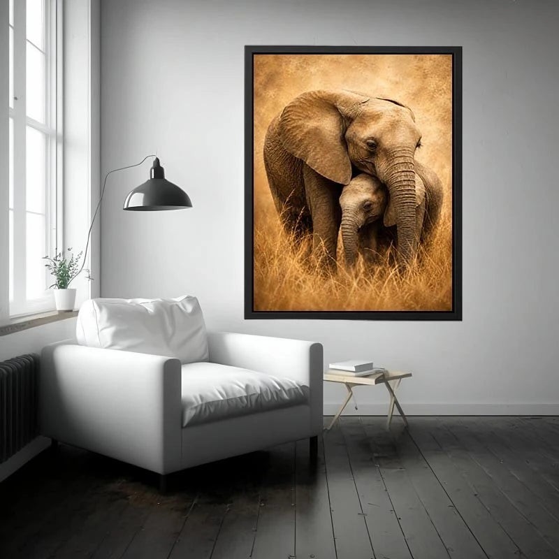 Warm elephant family canvas art in earthy tones for living room decor.