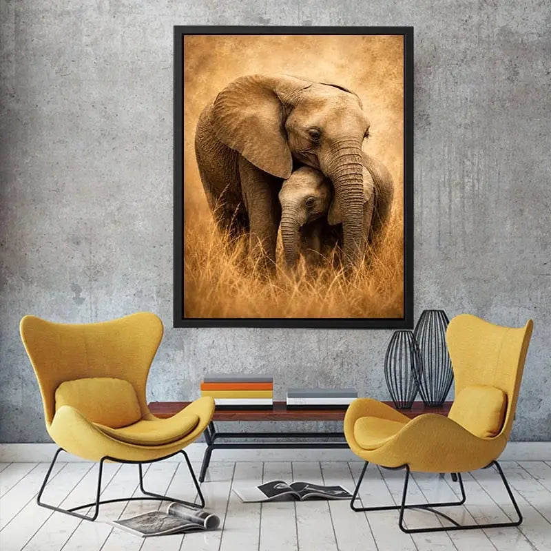 Warm elephant family canvas art in earthy tones for living room decor.