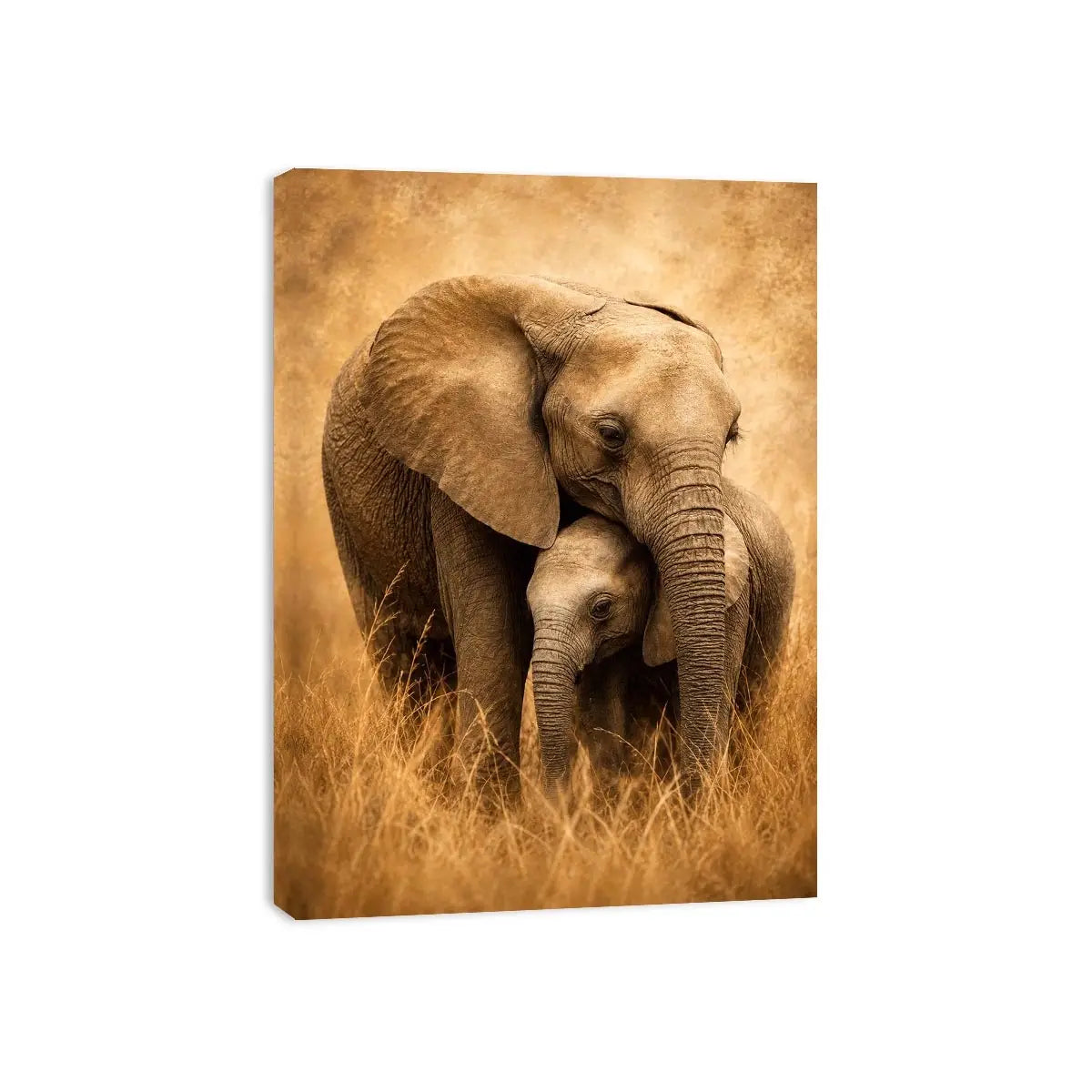 Warm elephant family canvas art in earthy tones for living room decor.