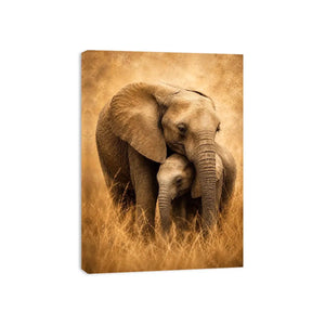 Warm elephant family canvas art in earthy tones for living room decor.