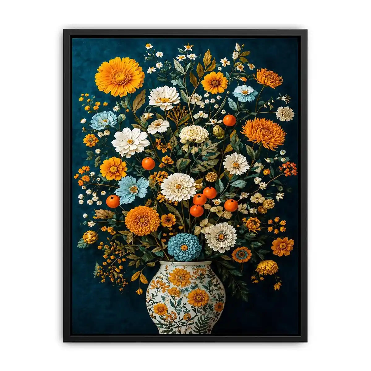 Vintage floral vase canvas print with orange blooms for elegant dining room decor.