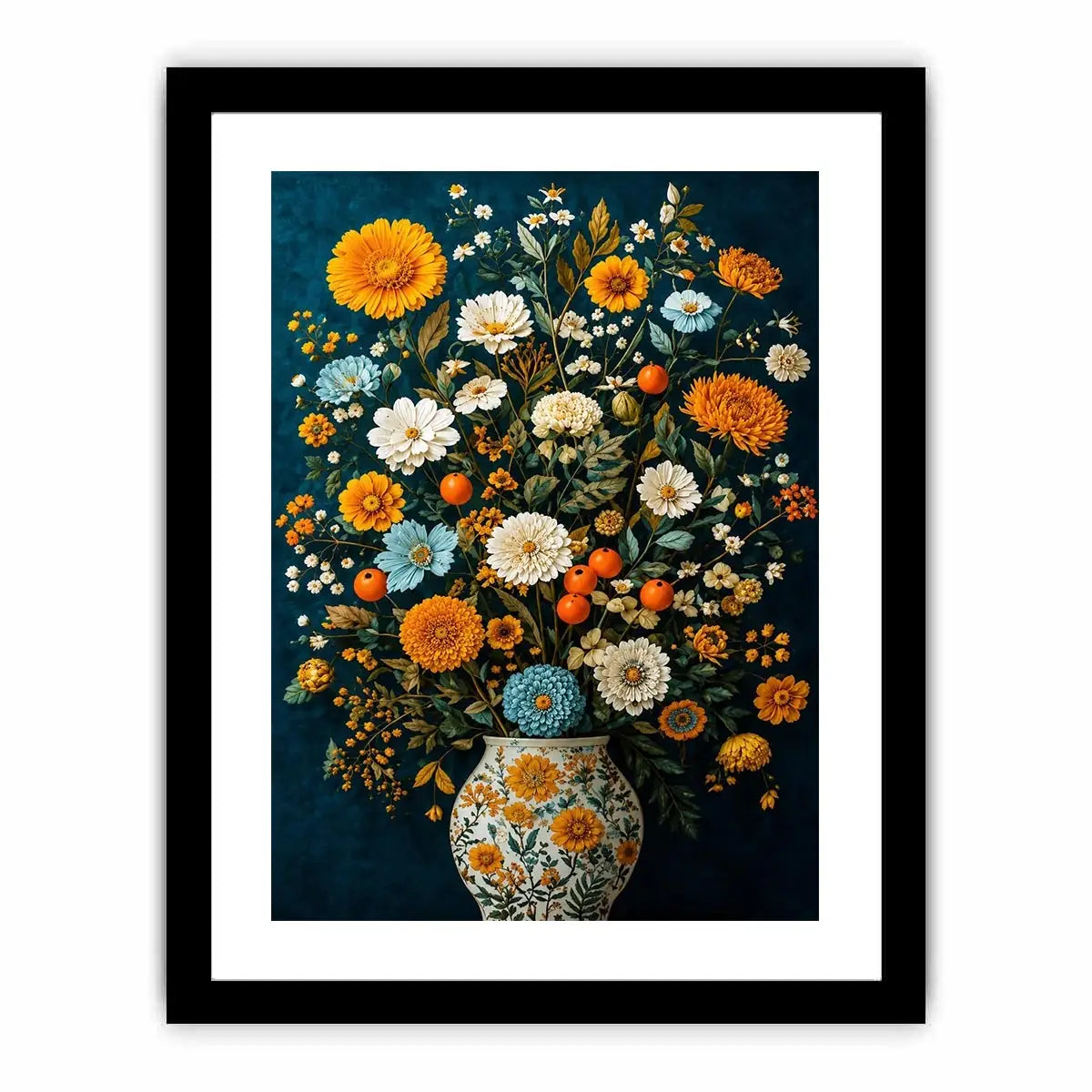 Vintage floral vase canvas print with orange blooms for elegant dining room decor.