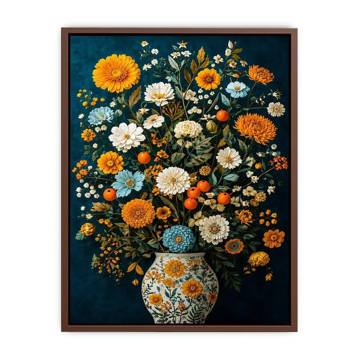 Vintage floral vase canvas print with orange blooms for elegant dining room decor.