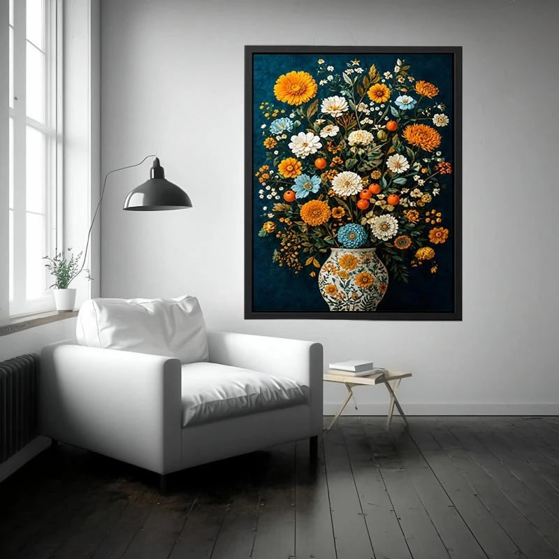 Vintage floral vase canvas print with orange blooms for elegant dining room decor.