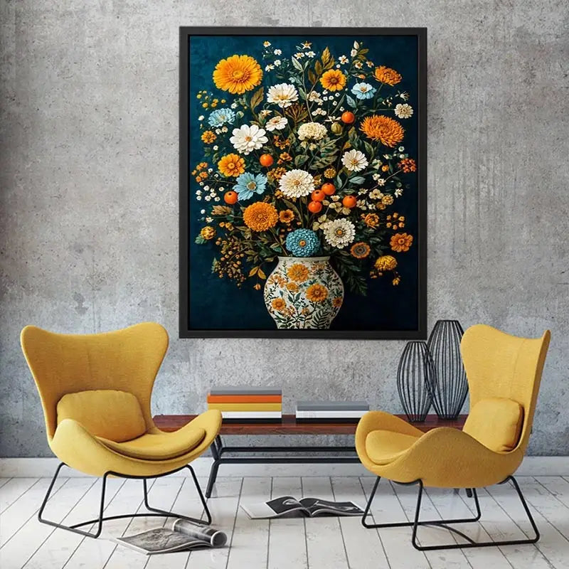 Vintage floral vase canvas print with orange blooms for elegant dining room decor.