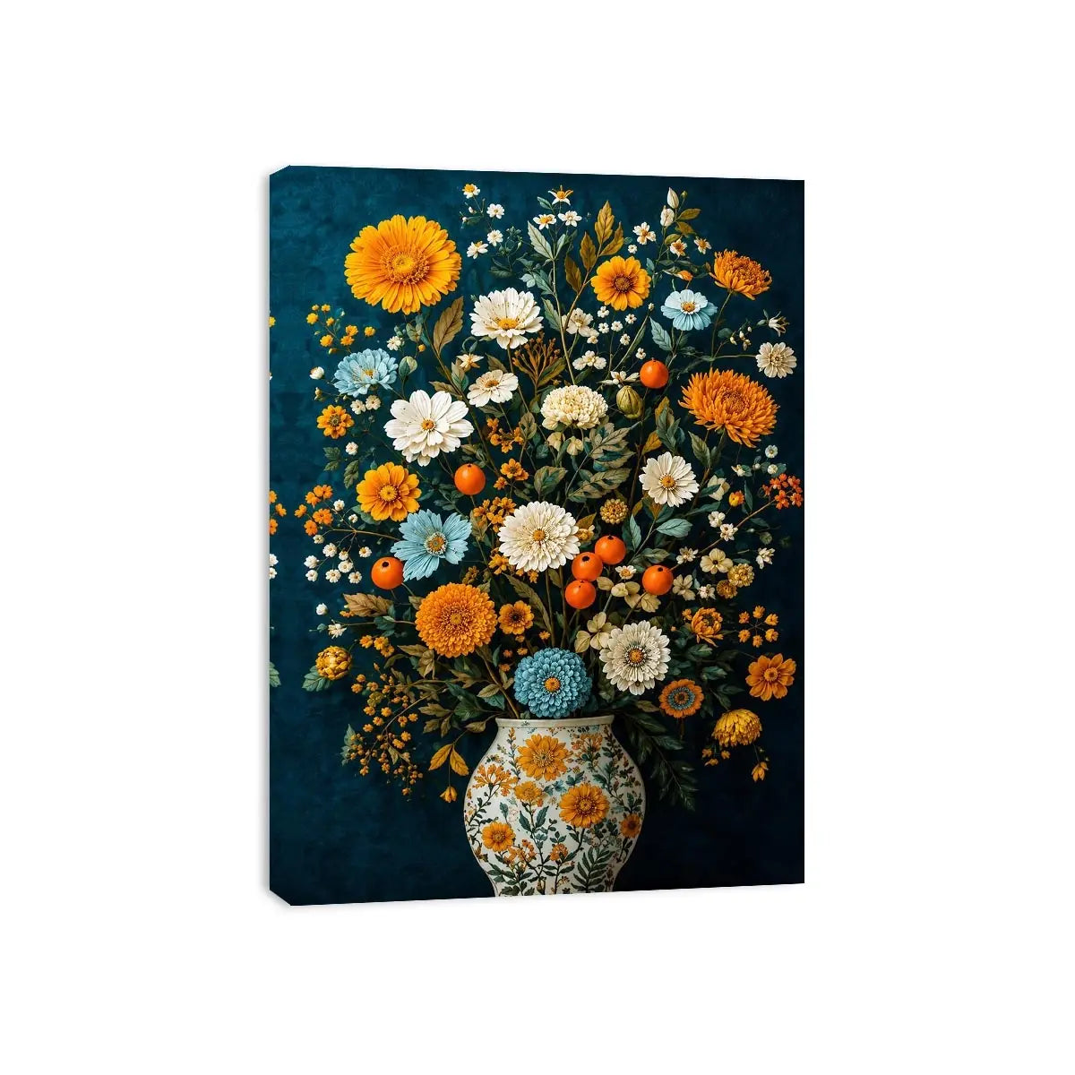 Vintage floral vase canvas print with orange blooms for elegant dining room decor.