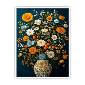 Vintage floral vase canvas print with orange blooms for elegant dining room decor.