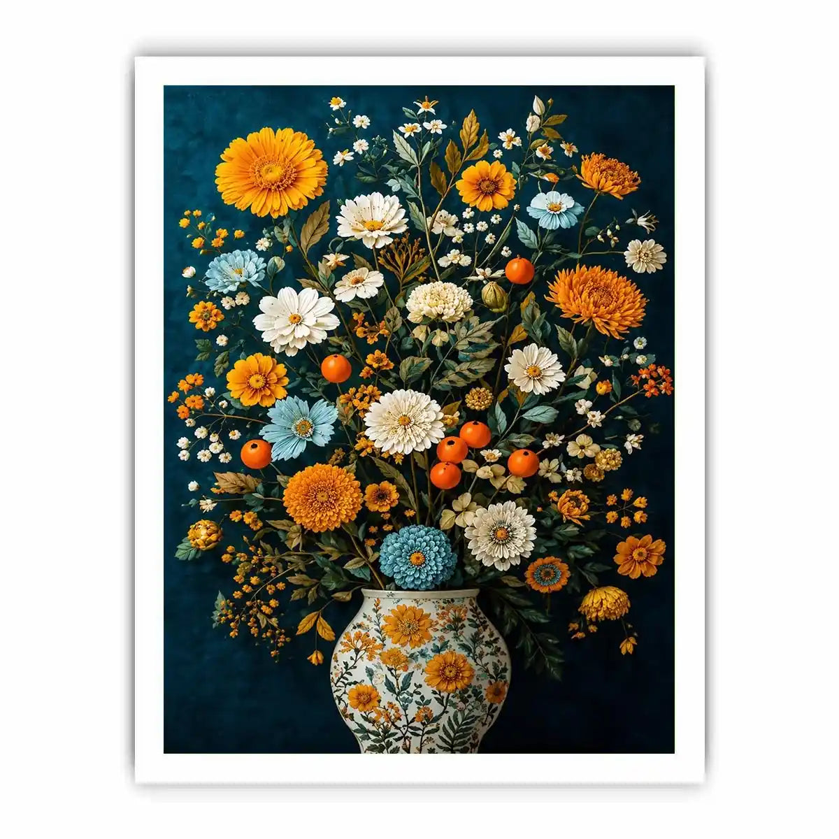 Vintage floral vase canvas print with orange blooms for elegant dining room decor.