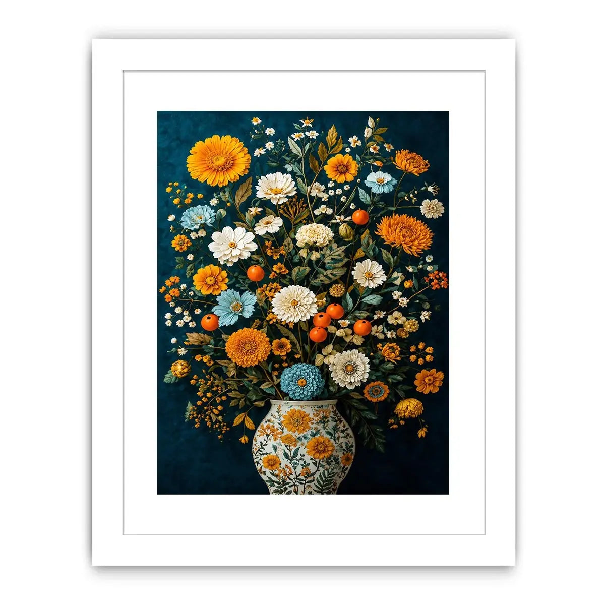 Vintage floral vase canvas print with orange blooms for elegant dining room decor.