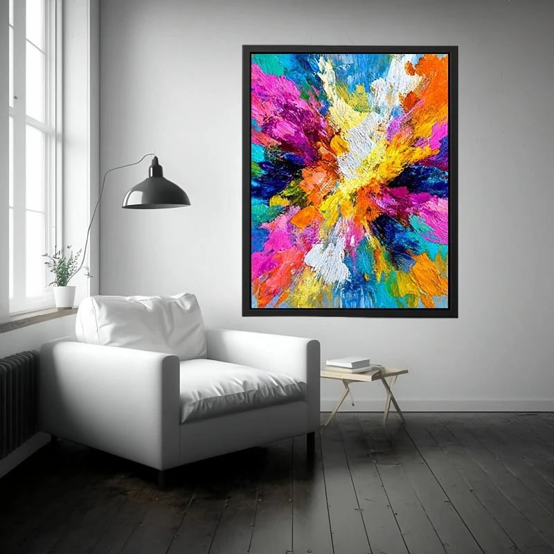 Colorful abstract canvas art with bold brushstrokes for modern living room decor.