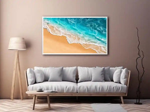 Aerial beach canvas print with aqua ocean waves for coastal living room decor.