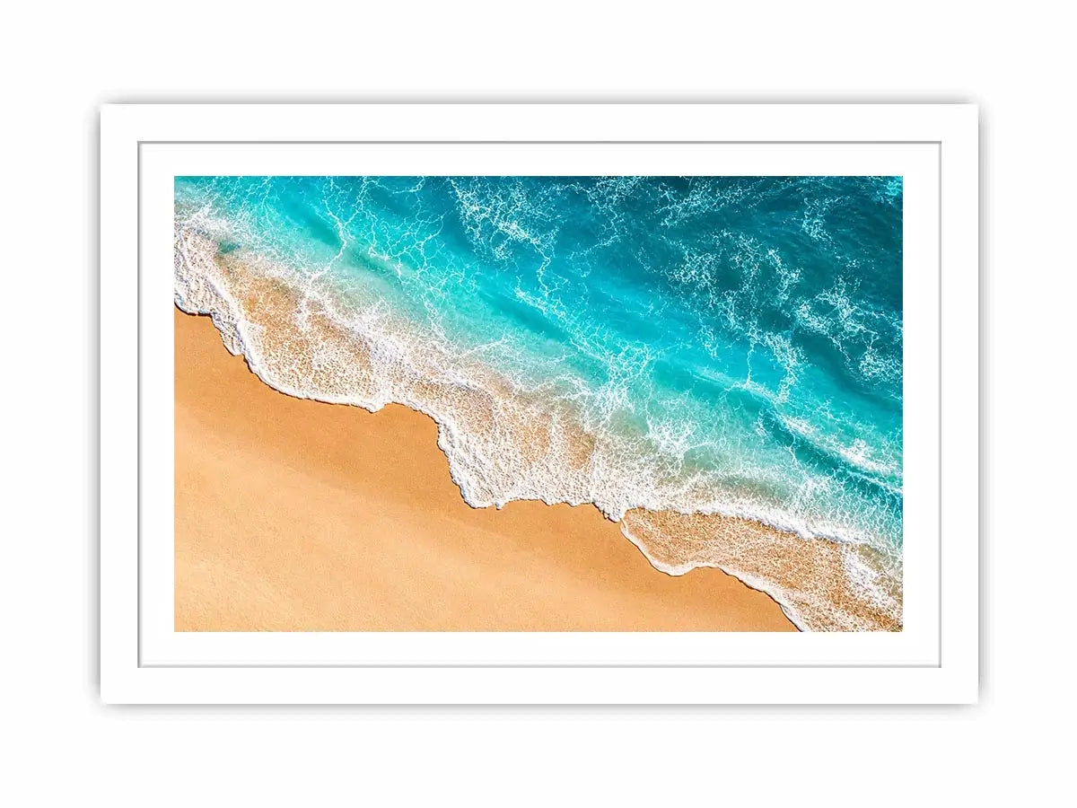 Aerial beach canvas print with aqua ocean waves for coastal living room decor.