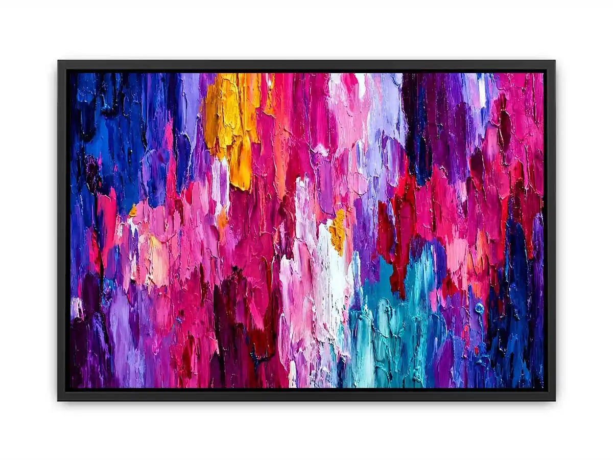 Pink and blue abstract impasto canvas art for bold modern living room decor.