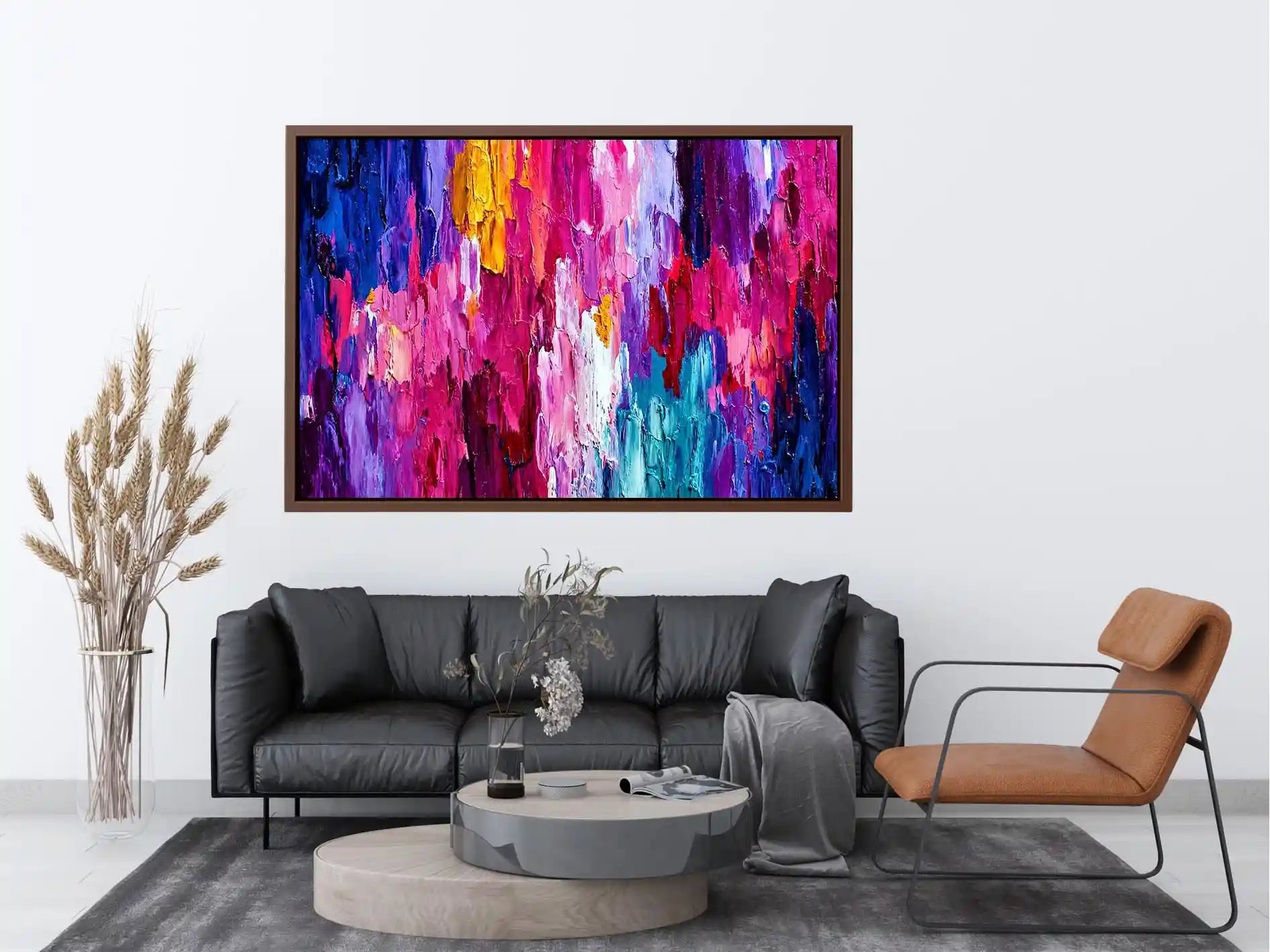 Pink and blue abstract impasto canvas art for bold modern living room decor.