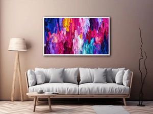 Pink and blue abstract impasto canvas art for bold modern living room decor.