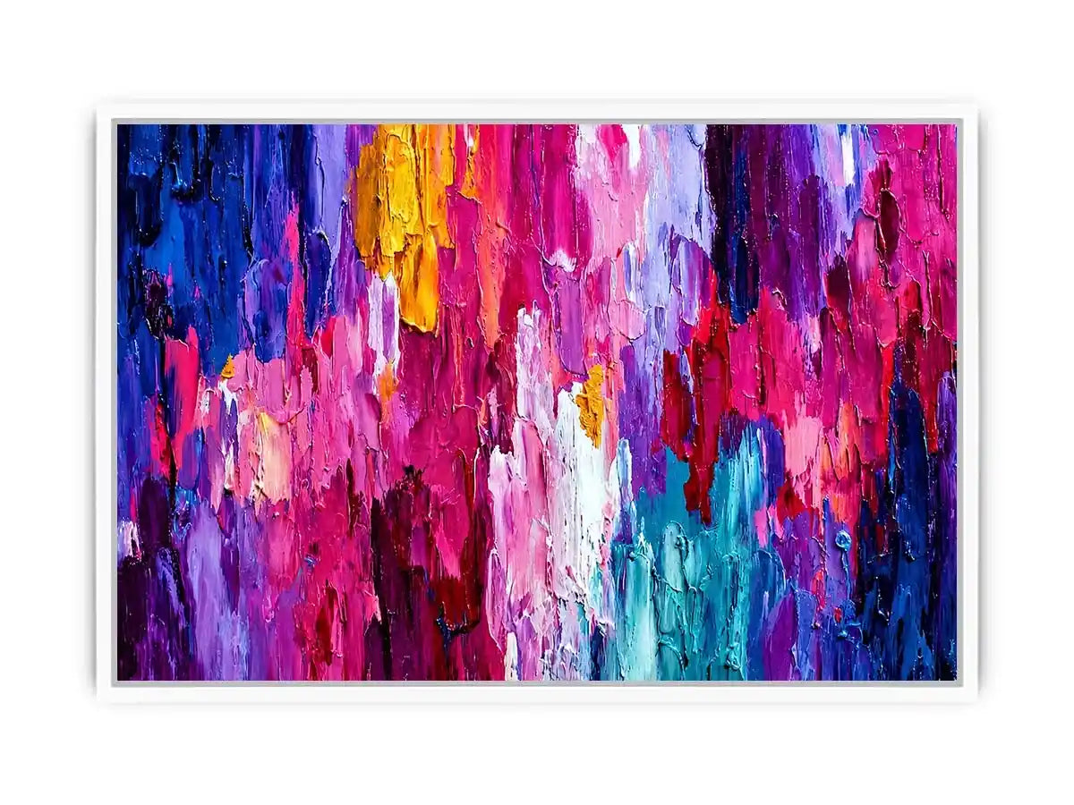 Pink and blue abstract impasto canvas art for bold modern living room decor.