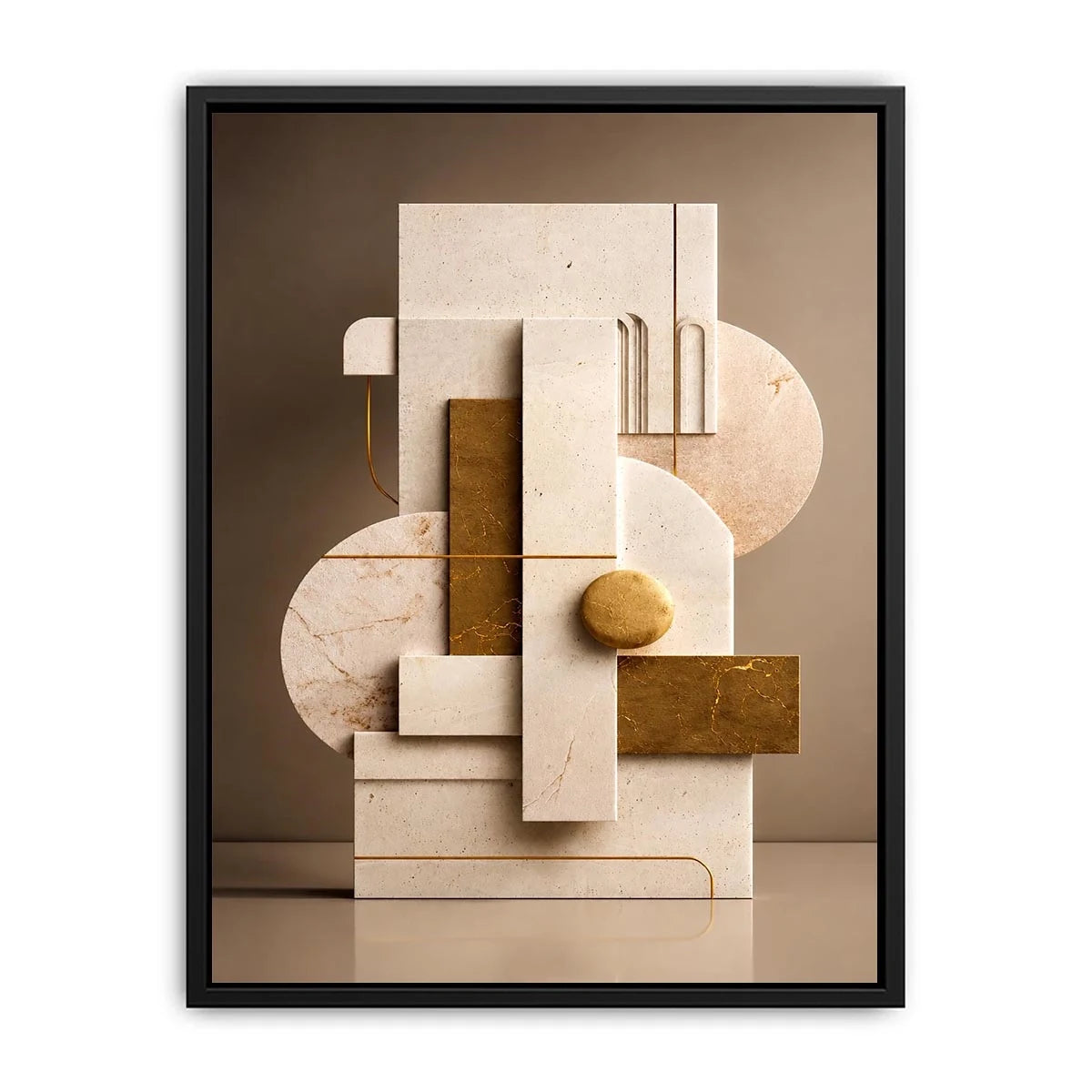 Neutral marble geometric wall art with gold accents for modern luxury living room decor.