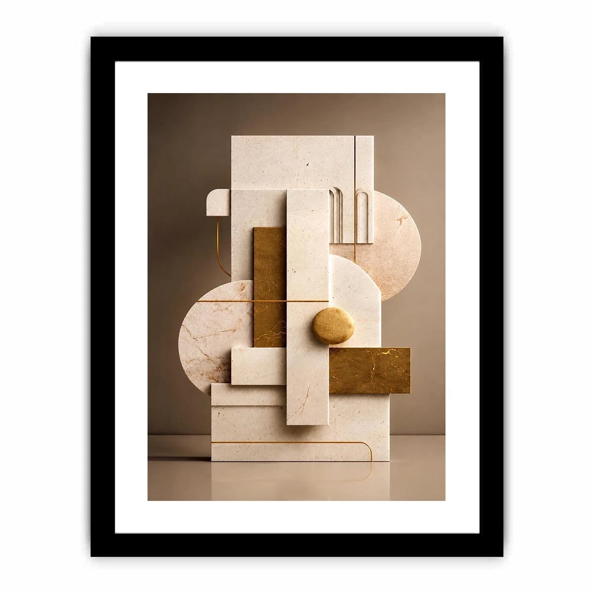 Neutral marble geometric wall art with gold accents for modern luxury living room decor.