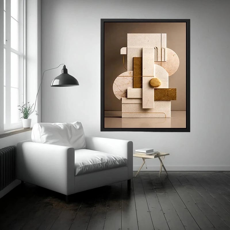 Neutral marble geometric wall art with gold accents for modern luxury living room decor.