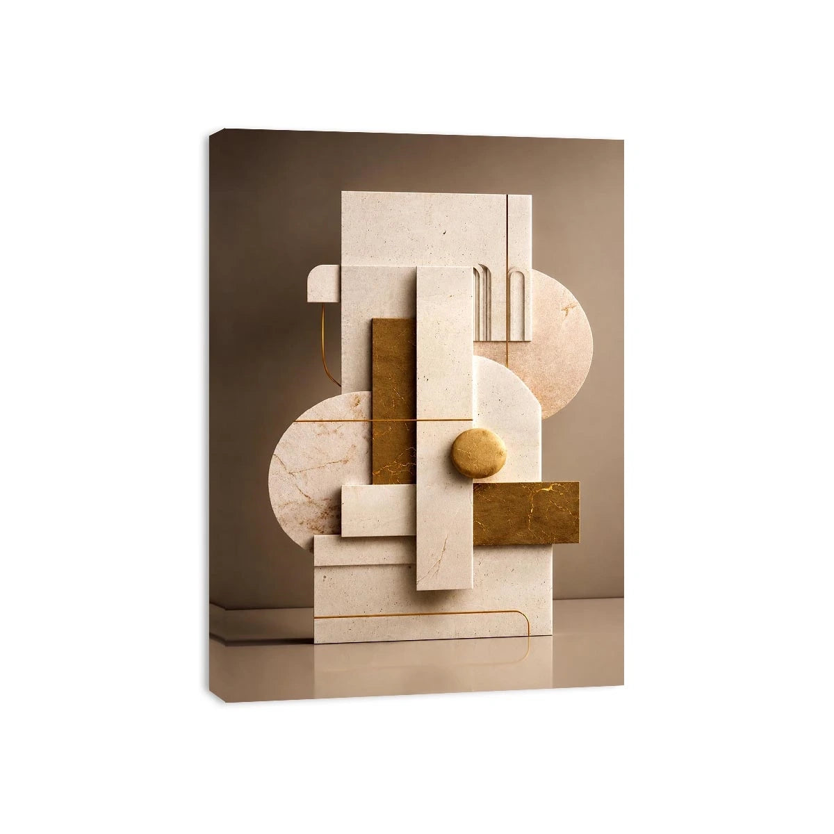 Neutral marble geometric wall art with gold accents for modern luxury living room decor.