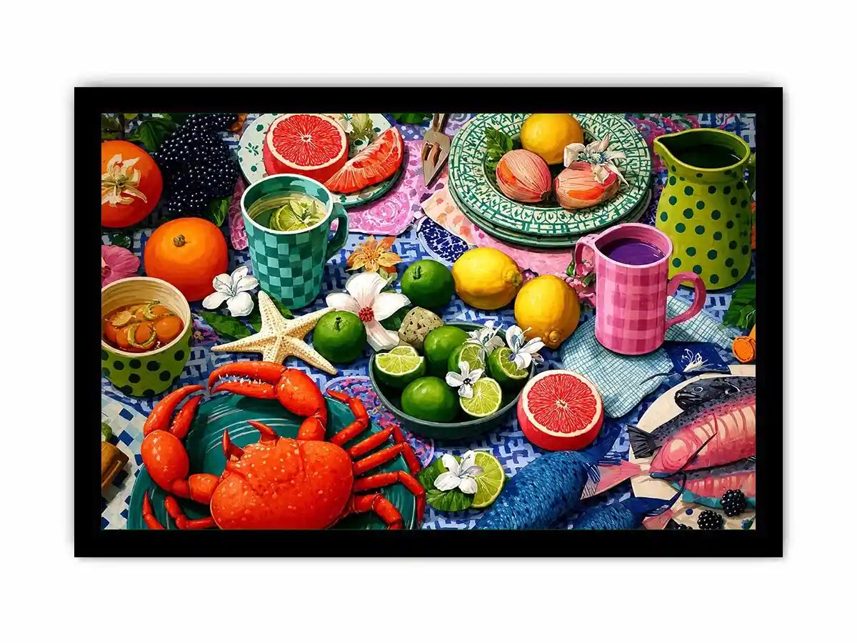 Mediterranean seafood feast still life canvas print with crab fish citrus fruits patterned plates and colorful coastal table setting