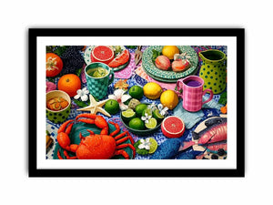 Mediterranean seafood feast still life canvas print with crab fish citrus fruits patterned plates and colorful coastal table setting