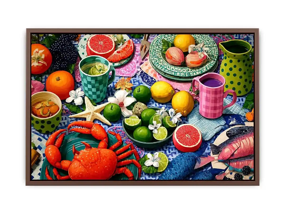 Mediterranean seafood feast still life canvas print with crab fish citrus fruits patterned plates and colorful coastal table setting