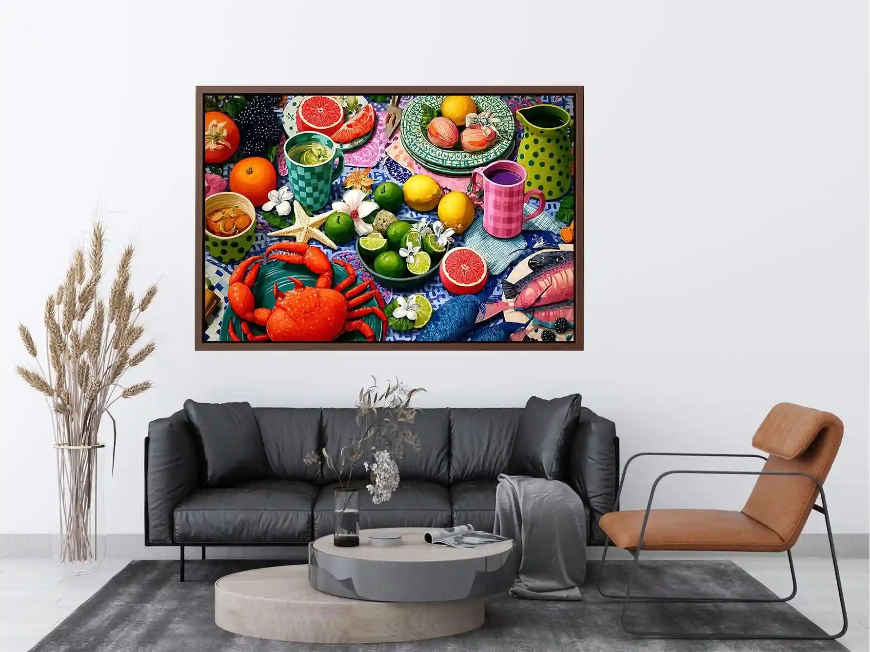 Mediterranean seafood feast still life canvas print with crab fish citrus fruits patterned plates and colorful coastal table setting