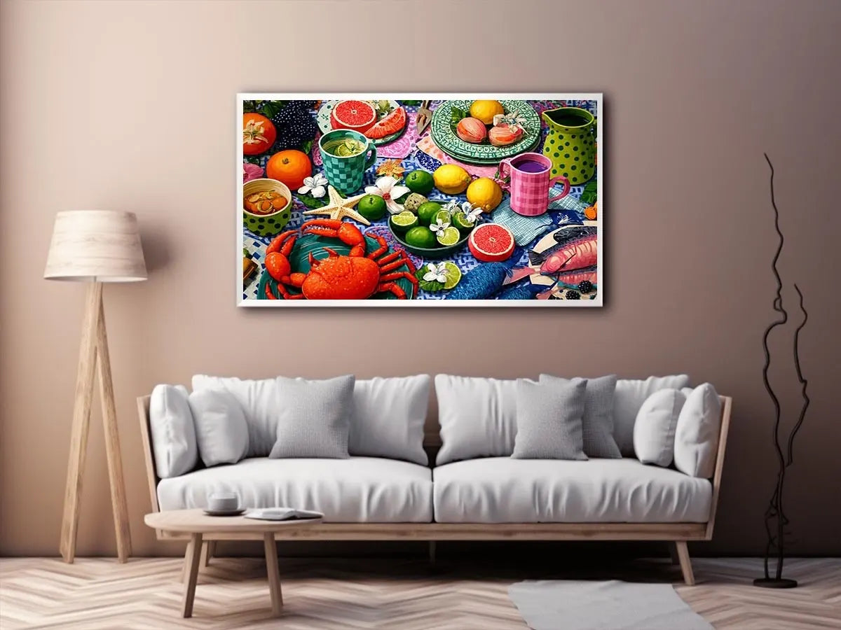 Mediterranean seafood feast still life canvas print with crab fish citrus fruits patterned plates and colorful coastal table setting