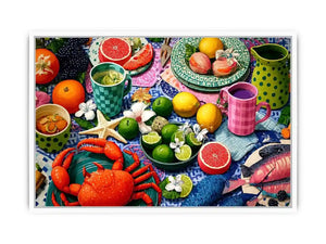 Mediterranean seafood feast still life canvas print with crab fish citrus fruits patterned plates and colorful coastal table setting