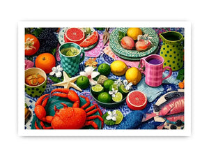 Mediterranean seafood feast still life canvas print with crab fish citrus fruits patterned plates and colorful coastal table setting