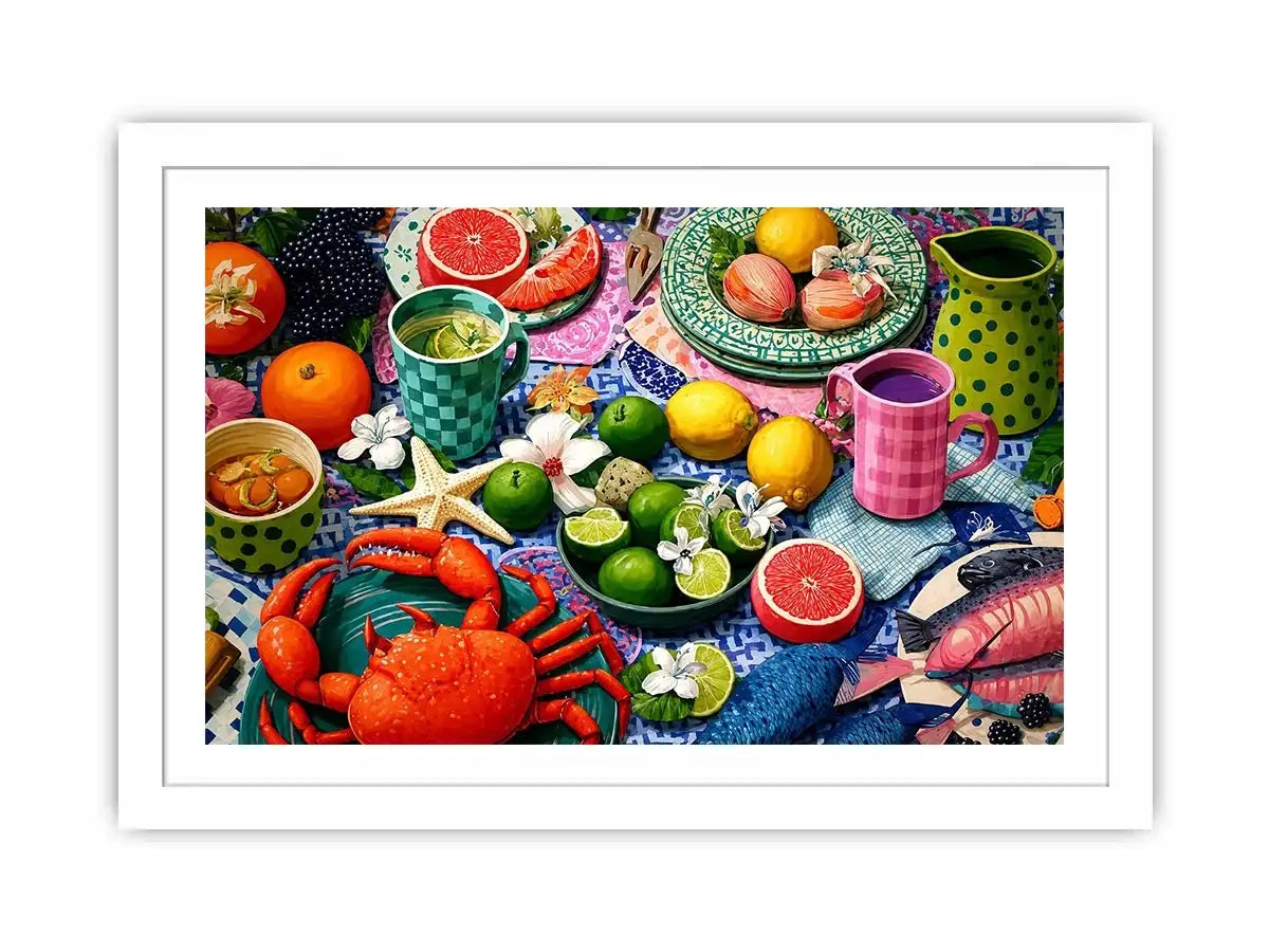 Mediterranean seafood feast still life canvas print with crab fish citrus fruits patterned plates and colorful coastal table setting