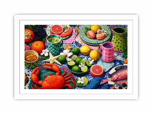 Mediterranean seafood feast still life canvas print with crab fish citrus fruits patterned plates and colorful coastal table setting