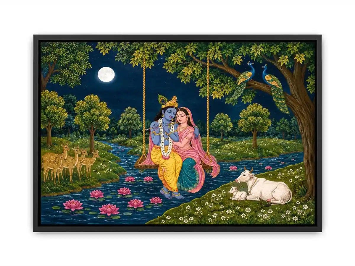 Radha Krishna moonlit swing canvas print with river peacocks cows deer lotus flowers and peaceful Vrindavan forest scene