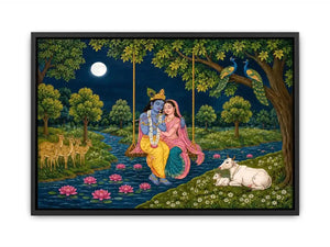 Radha Krishna moonlit swing canvas print with river peacocks cows deer lotus flowers and peaceful Vrindavan forest scene