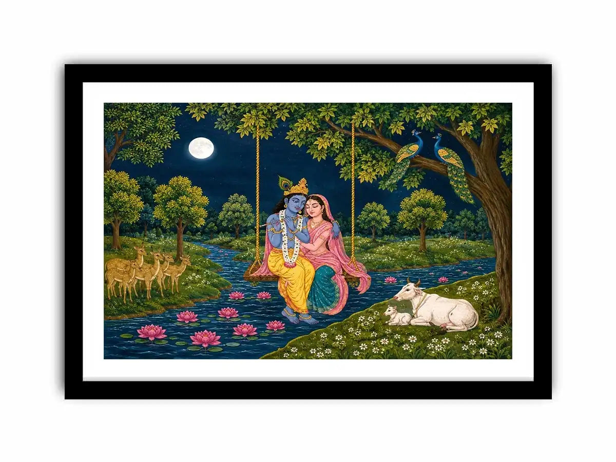 Radha Krishna moonlit swing canvas print with river peacocks cows deer lotus flowers and peaceful Vrindavan forest scene