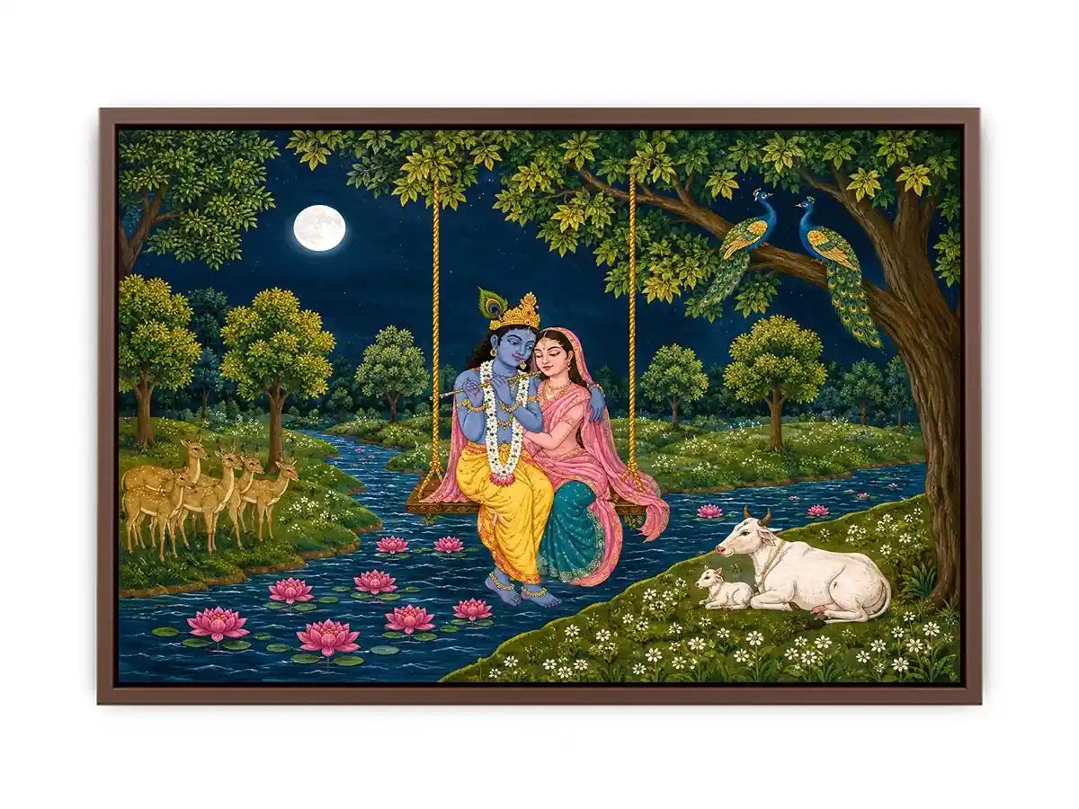 Radha Krishna moonlit swing canvas print with river peacocks cows deer lotus flowers and peaceful Vrindavan forest scene