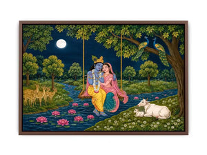 Radha Krishna moonlit swing canvas print with river peacocks cows deer lotus flowers and peaceful Vrindavan forest scene