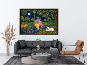 Radha Krishna moonlit swing canvas print with river peacocks cows deer lotus flowers and peaceful Vrindavan forest scene