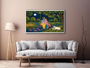 Radha Krishna moonlit swing canvas print with river peacocks cows deer lotus flowers and peaceful Vrindavan forest scene