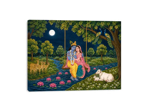 Radha Krishna moonlit swing canvas print with river peacocks cows deer lotus flowers and peaceful Vrindavan forest scene