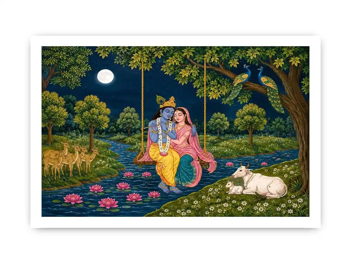 Radha Krishna moonlit swing canvas print with river peacocks cows deer lotus flowers and peaceful Vrindavan forest scene