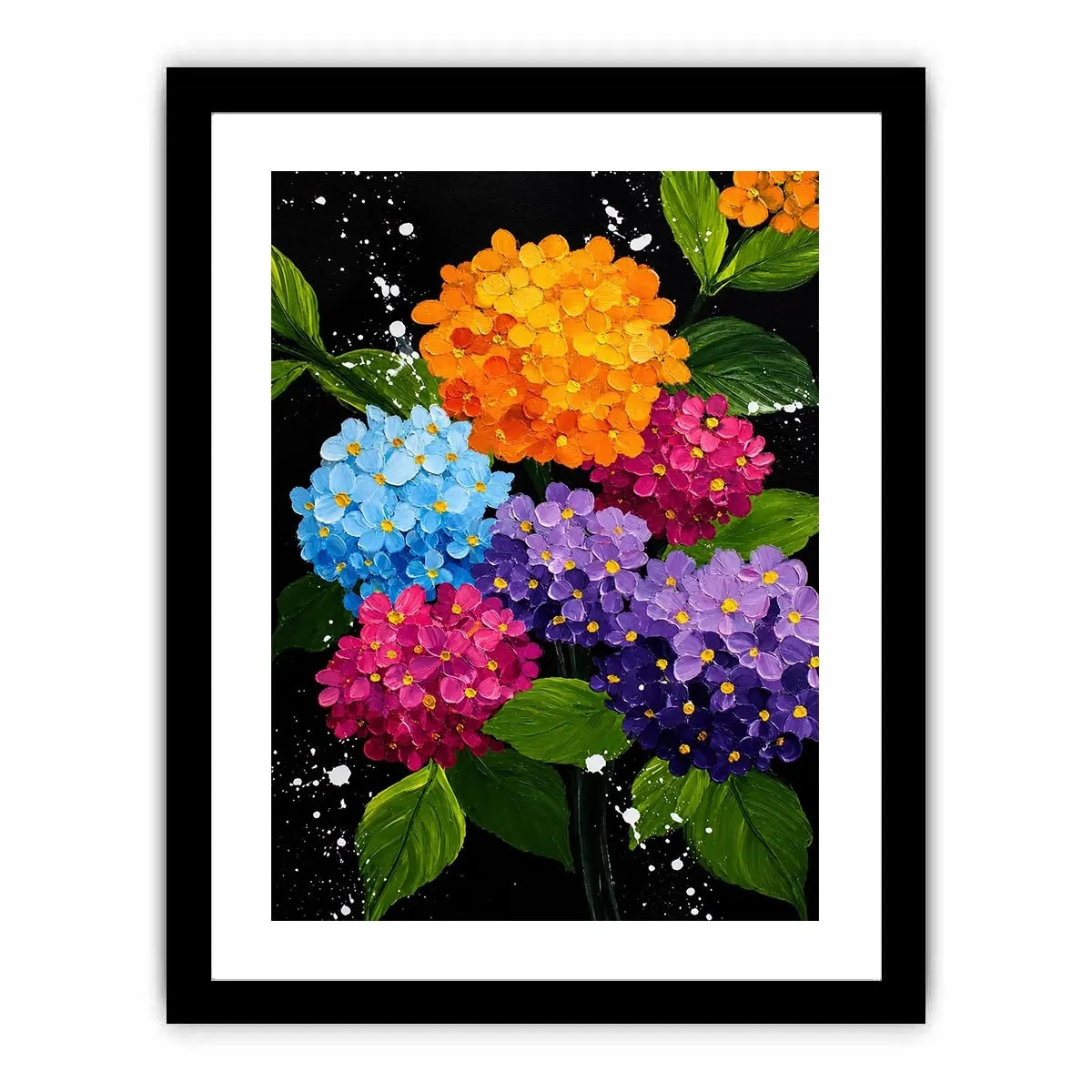 Colorful hydrangea bouquet canvas print with orange blue pink purple flowers green leaves black background and paint splatter details