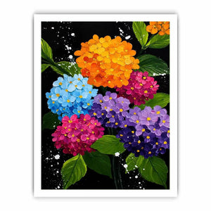 Colorful hydrangea bouquet canvas print with orange blue pink purple flowers green leaves black background and paint splatter details