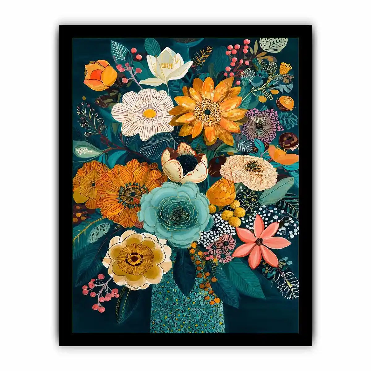 Teal botanical flower bouquet canvas print with orange white pink flowers blue succulent teal leaves berries and decorative floral details