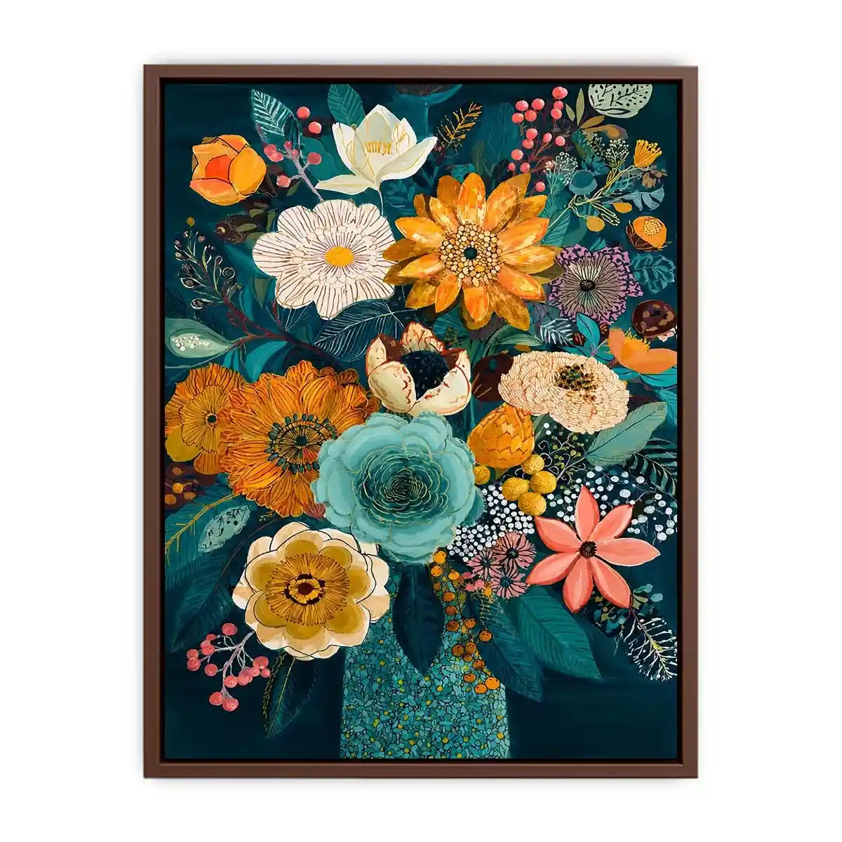 Teal botanical flower bouquet canvas print with orange white pink flowers blue succulent teal leaves berries and decorative floral details