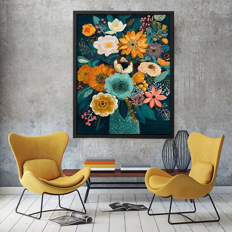 Teal botanical flower bouquet canvas print with orange white pink flowers blue succulent teal leaves berries and decorative floral details