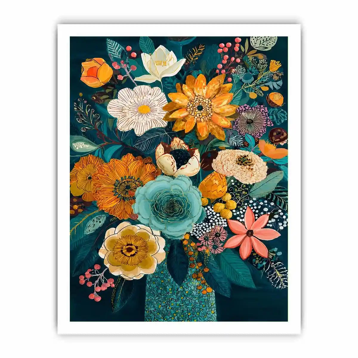 Teal botanical flower bouquet canvas print with orange white pink flowers blue succulent teal leaves berries and decorative floral details