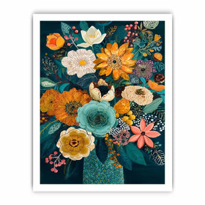 Teal botanical flower bouquet canvas print with orange white pink flowers blue succulent teal leaves berries and decorative floral details